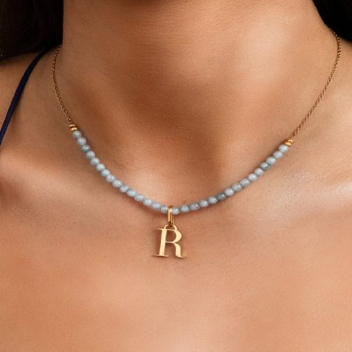 Birthstone necklace with initial, Beads Necklace for her